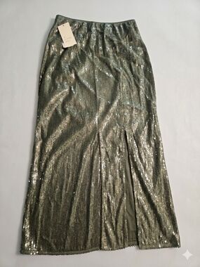 Sequined Olive Green Midi Skirt